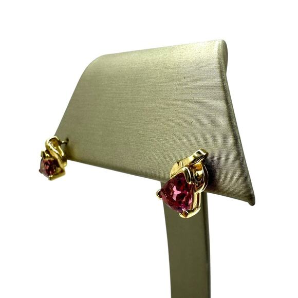 14K Yellow Gold Pink Trillion Cut Stone & .04cttw Diamond Earrings (17938) - Picture 2 of 6